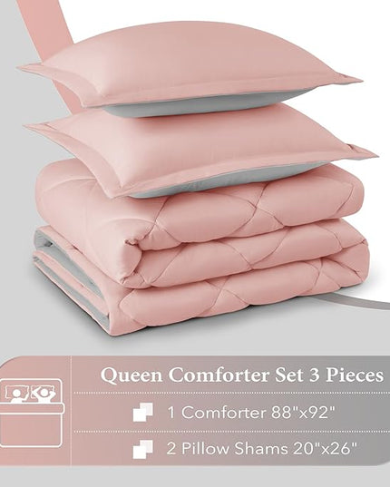downluxe Queen Comforter Set - Pink and Grey Queen Comforter, Soft Bedding Sets for All Seasons - 3 Pieces - 1 Comforter (88"x92") and 2 Pillow Shams(20"x26") - LeafyLoom