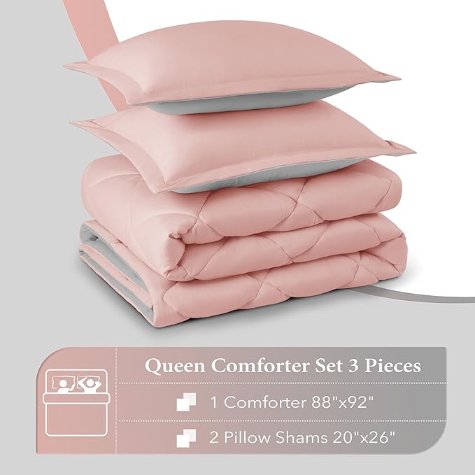 downluxe Queen Comforter Set - Pink and Grey Queen Comforter, Soft Bedding Sets for All Seasons - 3 Pieces - 1 Comforter (88"x92") and 2 Pillow Shams(20"x26") - LeafyLoom