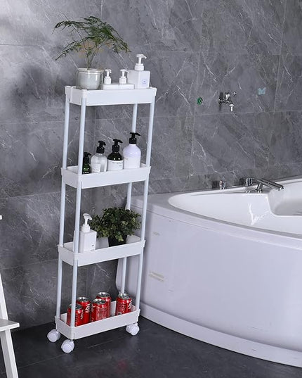 Sooyee 4 Tier Slim Storage Cart Mobile Shelving Unit Organizer Slide Out Storage Rolling Utility Cart Tower Rack for Kitchen Bathroom Laundry Narrow Places, Plastic & Stainless Steel,White - LeafyLoom
