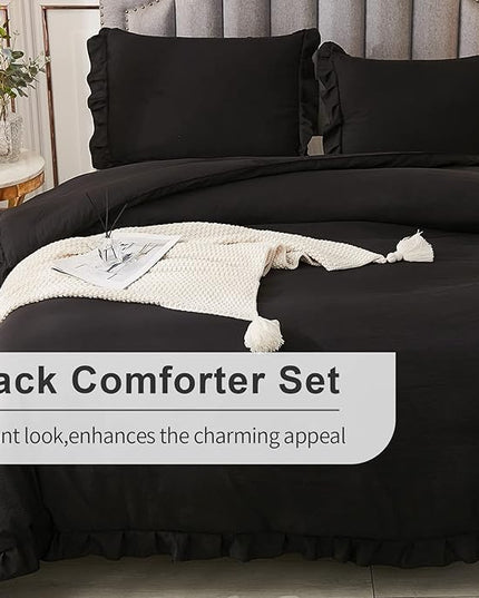 Andency Black King Size Comforter Set, 3 Pieces Farmhouse Shabby Chic Bedding Comforters & Sets, Soft Fluffy Lightweight All Season Down Alternative Bed Blanket Set - LeafyLoom