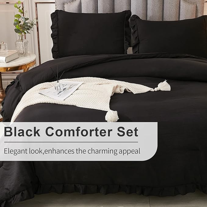 Andency Black Full Size Comforter Set, 3 Pieces Ruffle Farmhouse Shabby Chic Bedding Comforter & Sets, Soft Lightweight Fluffy All Season Down Alternative Bed Set for Boys Kids Men Women - LeafyLoom