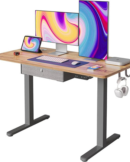FEZIBO Standing Desk with Drawer, 48 x 24 Inches Adjustable Height Electric Stand up Desk with Storage, Sit Stand Home Office Desk, Light Rustic/Grey Frame - LeafyLoom