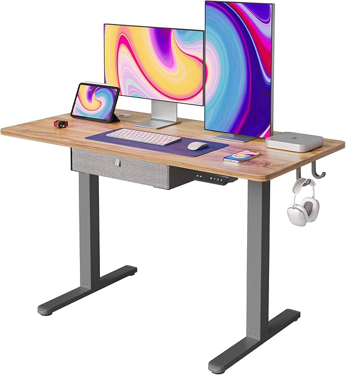 FEZIBO Standing Desk with Drawer, 48 x 24 Inches Adjustable Height Electric Stand up Desk with Storage, Sit Stand Home Office Desk, Light Rustic/Grey Frame - LeafyLoom