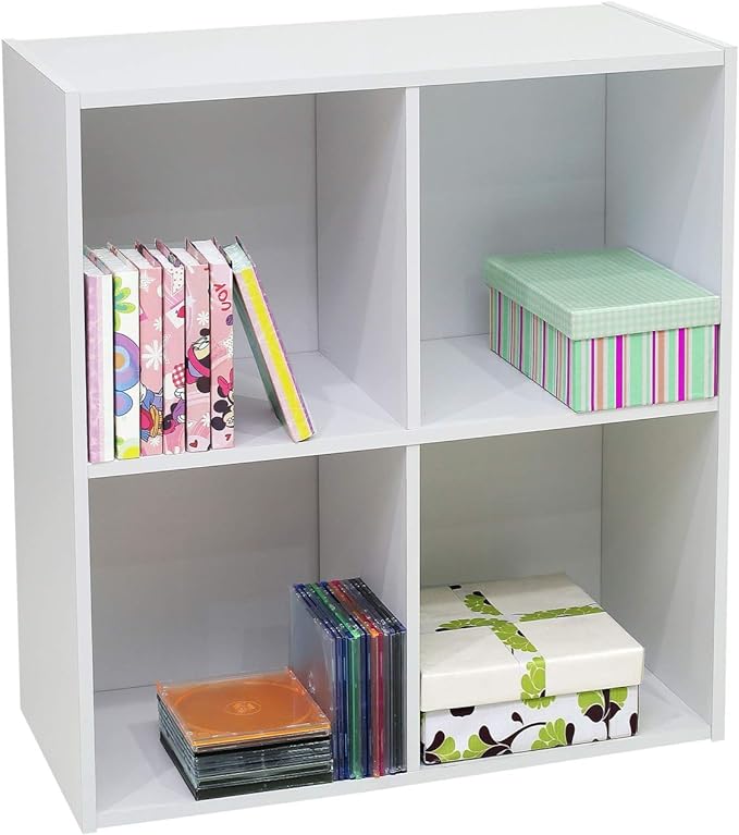 Contemporary White Wood Darrin 4 Open Cube Shelves Bookcase Storage Organizer - LeafyLoom