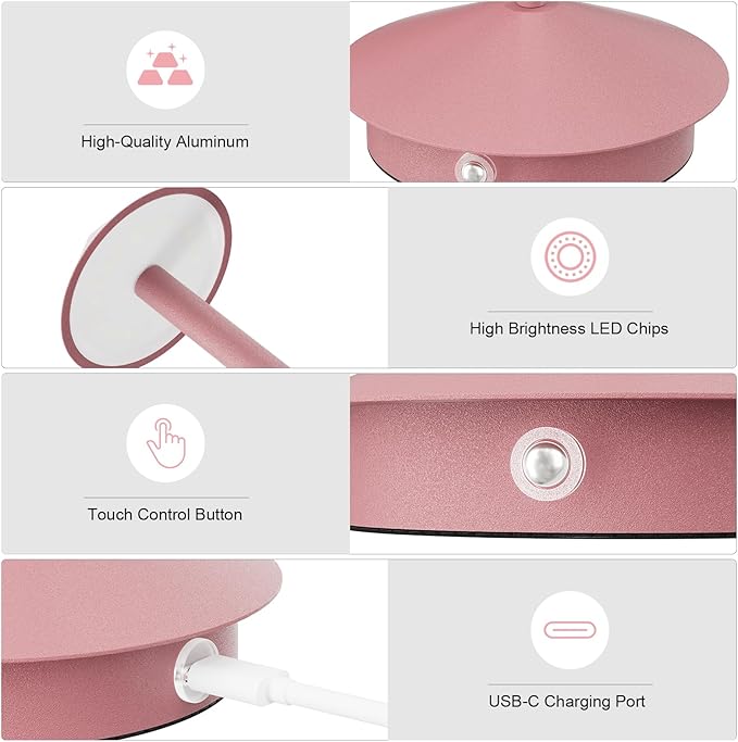 2-Pack 6000mAh Rechargeable LED Table Lamps,Outdoor Cordless Table Lamp Waterproof Portable, 3-Color Stepless Dimmable Modern Lamp for Restaurant/Bedroom(Pink) - LeafyLoom
