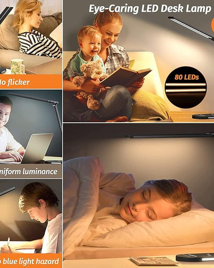 LED Desk Lamps for Home Office, Double Head Touch Desk Lamp with Wireless Charger, Dimmable Desk Light with USB Charging Port, Adjustable Reading Lamp, Eye-Caring Table Lamp with Night Light, 1H Timer - LeafyLoom