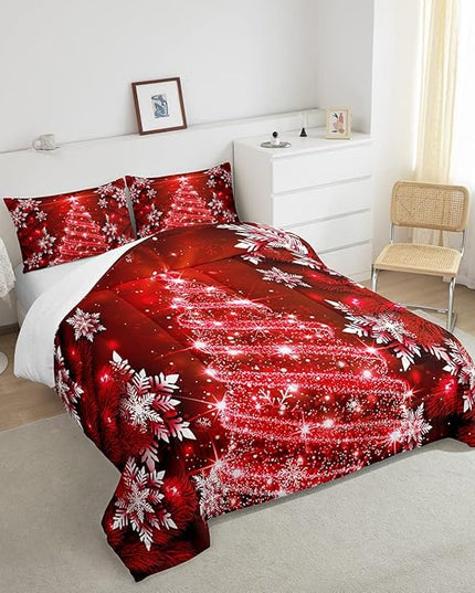 Christmas Tree Comforter Set for Children Kids Boys Girls Luxury Chic Xmas Theme Bedding Set Glitter Snowflake Star Comforter Microfiber Red Duvet Set Room Decor Quilt Set Full Size - LeafyLoom
