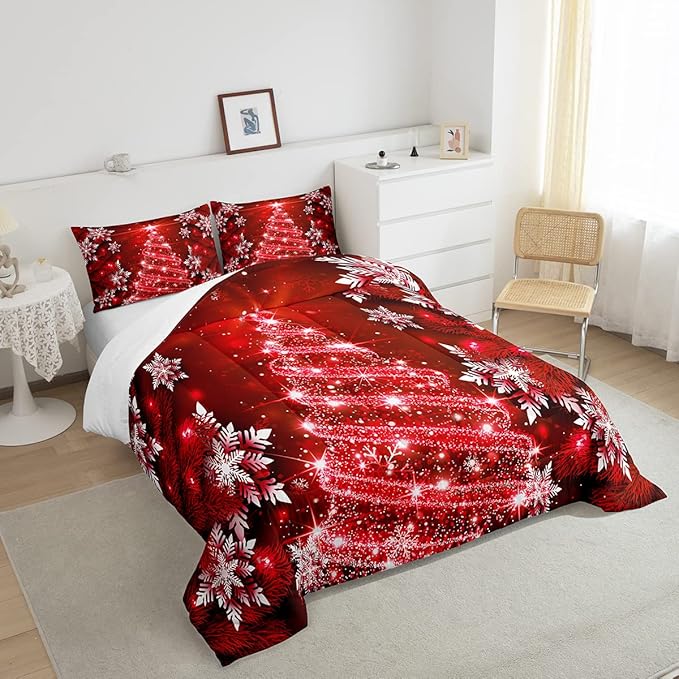 Christmas Tree Comforter Set for Children Kids Boys Girls Luxury Chic Xmas Theme Bedding Set Glitter Snowflake Star Comforter Microfiber Red Duvet Set Room Decor Quilt Set Full Size - LeafyLoom