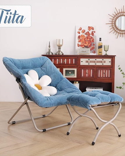 Tiita Saucer Chair with Ottoman, Soft Faux Fur Oversized Folding Accent Chair,Lounge Lazy Chair, Metal Frame Moon Chair for Bedroom, Living Room, Dorm Rooms, Garden and Courtyard - LeafyLoom