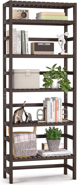 Homykic Bamboo Bookshelf, 6-Tier Adjustable 63.4” Tall Bookcase Book Shelf Organizer Free Standing Storage Shelving Unit for Living Room, Bathroom, Kitchen, Bedroom, Rust Resistance, Espresso - LeafyLoom