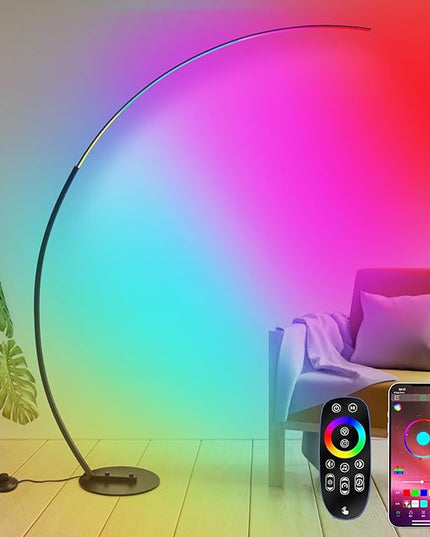 RGBW Arc Floor Lamp, Dimmable LED Floor Lamp with RGBW, Ultra Bright, Modern Standing Tall Lamp with Remote Reading Floor Lamp for Living Room Bedroom Office - LeafyLoom
