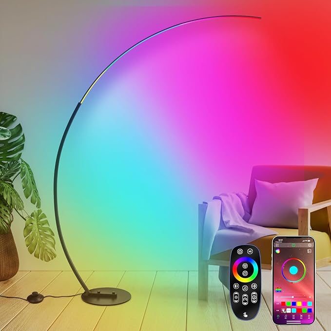 RGBW Arc Floor Lamp, Dimmable LED Floor Lamp with RGBW, Ultra Bright, Modern Standing Tall Lamp with Remote Reading Floor Lamp for Living Room Bedroom Office - LeafyLoom