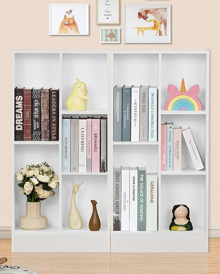 YAHARBO 5 Cube White Bookshelf,Small Modern Horizontal Bookcase,Wood Floor Standing Low Bookshelves Display Storage Cabinet with Base, Short Book Shelf Open Organizer for Bedroom,Living Room,Office - LeafyLoom