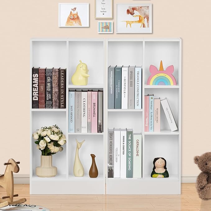 YAHARBO 5 Cube White Bookshelf,Small Modern Horizontal Bookcase,Wood Floor Standing Low Bookshelves Display Storage Cabinet with Base, Short Book Shelf Open Organizer for Bedroom,Living Room,Office - LeafyLoom