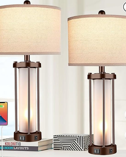 Set of 2 Farmhouse Lamps for Living Room, Rustic Vintage Bedroom Nightstand Table Lamp with 2 USB Charging Ports, Built-in Frosted Glass Night Light for End Table Entryway, Bulbs Included (Bronze) - LeafyLoom