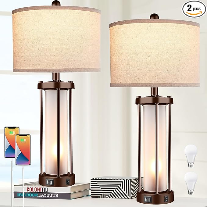 Set of 2 Farmhouse Lamps for Living Room, Rustic Vintage Bedroom Nightstand Table Lamp with 2 USB Charging Ports, Built-in Frosted Glass Night Light for End Table Entryway, Bulbs Included (Bronze) - LeafyLoom