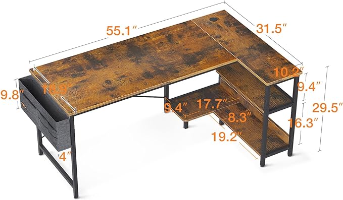 ODK 55 Inch Small L Shaped Gaming Computer Desk with Power Outlets, Reversible Storage Shelves & PC Stand for Home Office, Simple Writing Study Table with Storage Bag for Small Space, Vintage - LeafyLoom