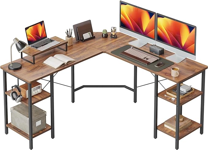 CubiCubi L Shaped Desk, 58.3 inch Computer Corner Desk with 2 Storage Shelves, Home Office Desk with Monitor Stand, Rustic Brown - LeafyLoom