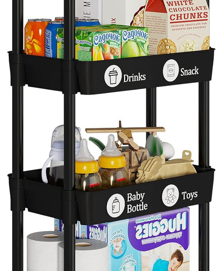 4-Tier Storage Cart,Multifunction Utility Rolling Cart Kitchen Storage Organizer,Mobile Shelving Unit Cart with Lockable Wheels for Bathroom,Laundry,Living Room,With Classified Stickers,Black - LeafyLoom
