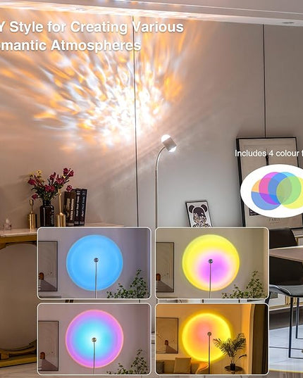 Sunset Lamp Projector with 3D Ocean Wave, 12 Colors Changing & Four Mode with USB Port, RGB Floor Lamp Double Side Lighting with Remote,Creative DIY Mode, 360° Rotation Atmosphere Lamp White - LeafyLoom