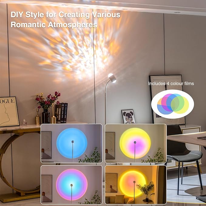Sunset Lamp Projector with 3D Ocean Wave, 12 Colors Changing & Four Mode with USB Port, RGB Floor Lamp Double Side Lighting with Remote,Creative DIY Mode, 360° Rotation Atmosphere Lamp White - LeafyLoom