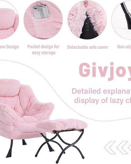 Plush Lazy Chair and Ottoman, Large Contemporary Accent Lounge Chair with Armrests and a Side Pocket, Modern Leisure Upholstered Sofa Reading Armchair with Footrest for Bedroom, Living Room - LeafyLoom