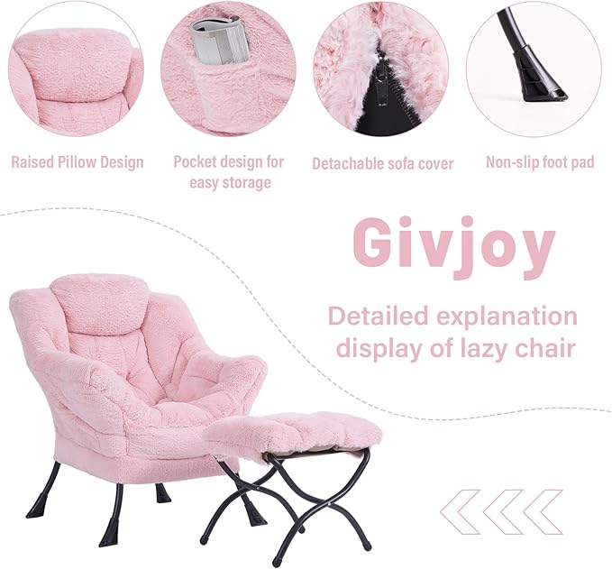 Plush Lazy Chair and Ottoman, Large Contemporary Accent Lounge Chair with Armrests and a Side Pocket, Modern Leisure Upholstered Sofa Reading Armchair with Footrest for Bedroom, Living Room - LeafyLoom