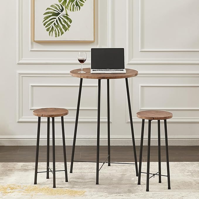 VECELO Small Bar Table and Chairs, Round Bistro Sets with 2 barstools, 3-Piece Pub Dining Furniture, Counter Height Wood Top for Breakfast Dinner Coffee Nap Conference, Easy Assembly, Brown - LeafyLoom