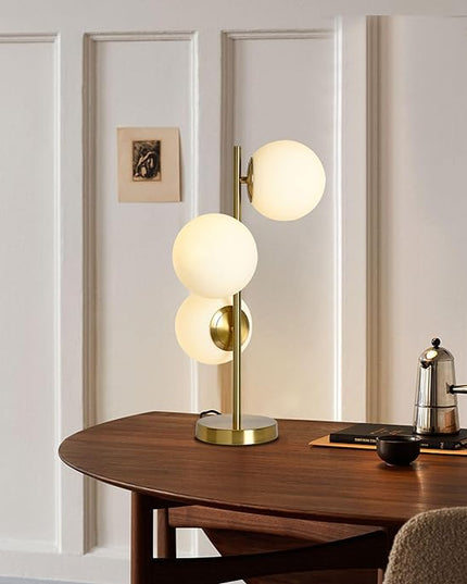 Mid Century Table Lamp, Modern 3 Lamp Gold Desk Lamp Retro with White Frosted Glass Lampshade Adjustable Brightness, Suitable for Desk Lamp Bedrooms, Living Rooms, Study, Library - LeafyLoom