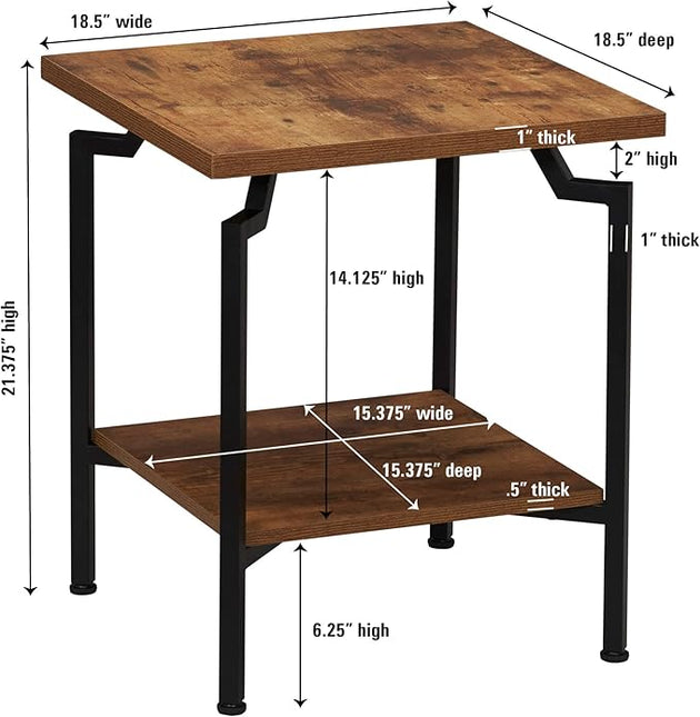 Household Essentials Crown Square Side End Table with Storage Shelf Rustic Hickory Wood Grain and Black Metal - LeafyLoom