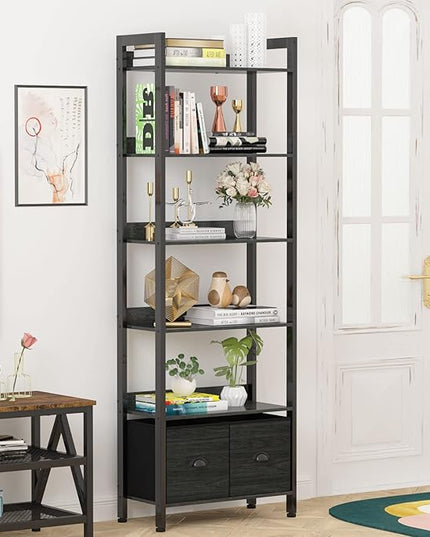 Furologee 6-Tier Bookshelf, Tall Bookcase with 2 Drawers Storage Organizer, Industrial Display Free Standing Shelf Units, Wood and Metal Storage Rack for Home Office, Bedroom, Black Oak - LeafyLoom