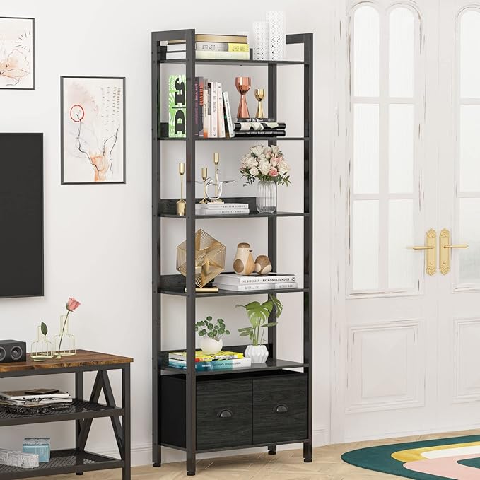Furologee 6-Tier Bookshelf, Tall Bookcase with 2 Drawers Storage Organizer, Industrial Display Free Standing Shelf Units, Wood and Metal Storage Rack for Home Office, Bedroom, Black Oak - LeafyLoom