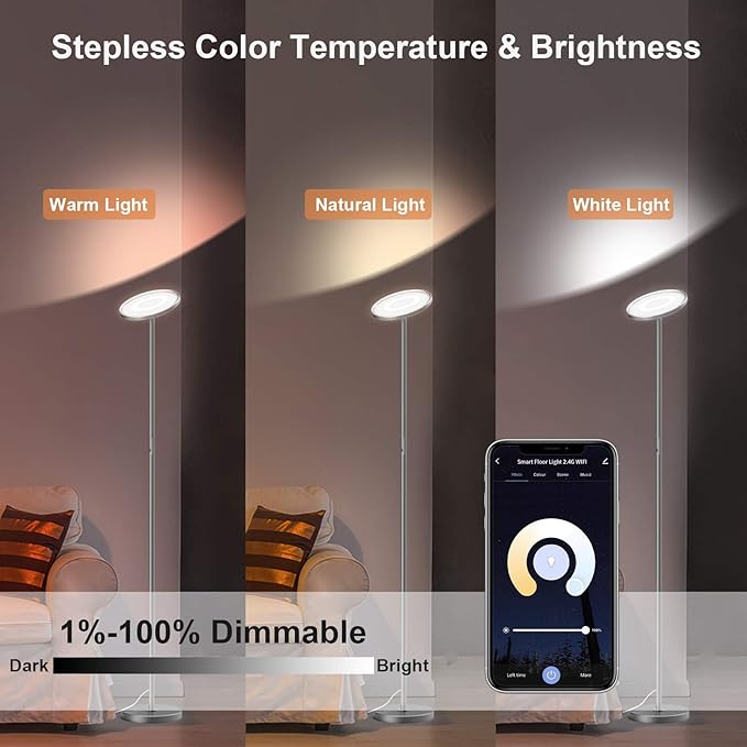 LEPOWER Floor Lamp,Bright LED Floor Lamp with 16 Million Color Choices, Touch Control&Compatible with Alexa, Goolge Home, Smart Control Dimmable Standing Lamp for Living Room, Bedroom, Office - LeafyLoom