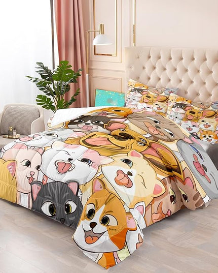 Dogs Comforter Set - Cute Cartoon Puppy Pattern Comforter Set Full Size 3pcs Kitten Dogs Bedding Set Pet Animal Design Kids Room Decor with 1 Comforter and 2 Pillowcases Boys Girls Gift All Season - LeafyLoom