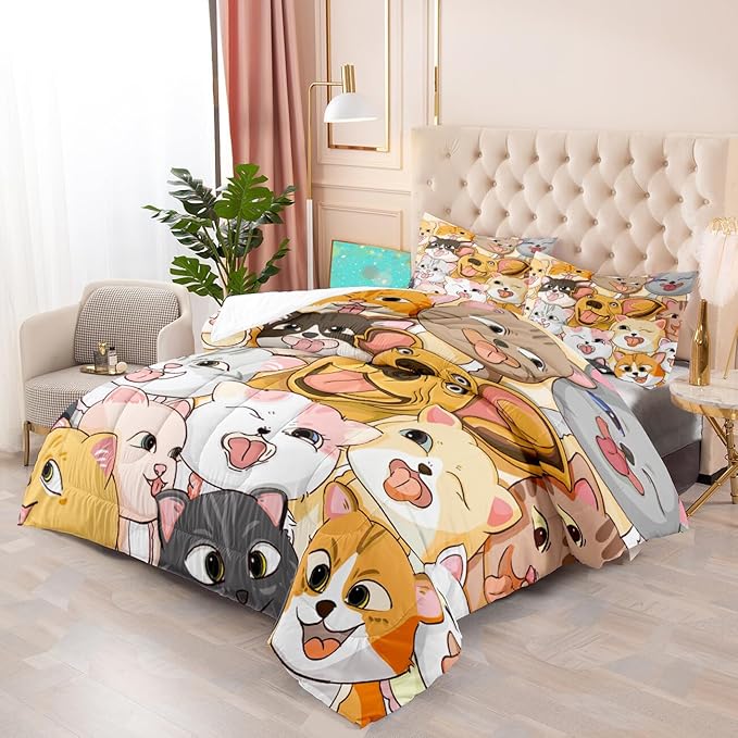 Dogs Comforter Set - Cute Cartoon Puppy Pattern Comforter Set Full Size 3pcs Kitten Dogs Bedding Set Pet Animal Design Kids Room Decor with 1 Comforter and 2 Pillowcases Boys Girls Gift All Season - LeafyLoom