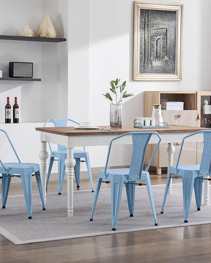 Modern Dining Chair Set of 4, Stackable Metal Chairs, Waterproof Counter Bar Chairs with High Backrest, Quick Assembly Cafe Chairs, Tolix Style for Home, Kitchen and Bar Use, Blue - LeafyLoom