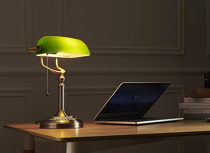 Newrays Green Glass Bankers Desk Lamp with Pull Chain Switch Plug in Fixture - LeafyLoom