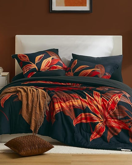 WRENSONGE Twin Comforter Set, 5 Pieces Black Red Floral Comforter Set with Sheets, Red Leaf Bedding Set, Twin Bed in a Bag, Soft Breathable Microfiber for All Seasons - LeafyLoom