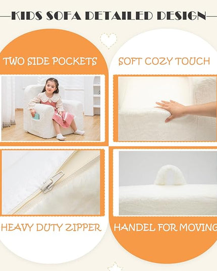 Snuggly-Soft Cuddly Toddler Plush Armchair for Boys and Girls Fuzzy Plush Kids Sofa Couch Reading Chair with Children Friendly Handle for Easy Movement & Double Pockets for Good Storage, Cream - LeafyLoom