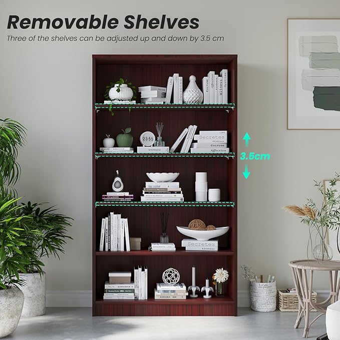 Farini 5 shelf boockase Display Bookcase Freestanding Wooden Bookshelves for Home Office Living Room,60 Inch Height,Mahogany - LeafyLoom