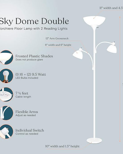 Brightech Sky Dome Double – High Brightness Torchiere Floor Lamp with 2 Reading Lights for Living Rooms, Bedrooms – Replace Halogen Standing Lamps with Efficient LED Office Lighting - Tall White Pole - LeafyLoom