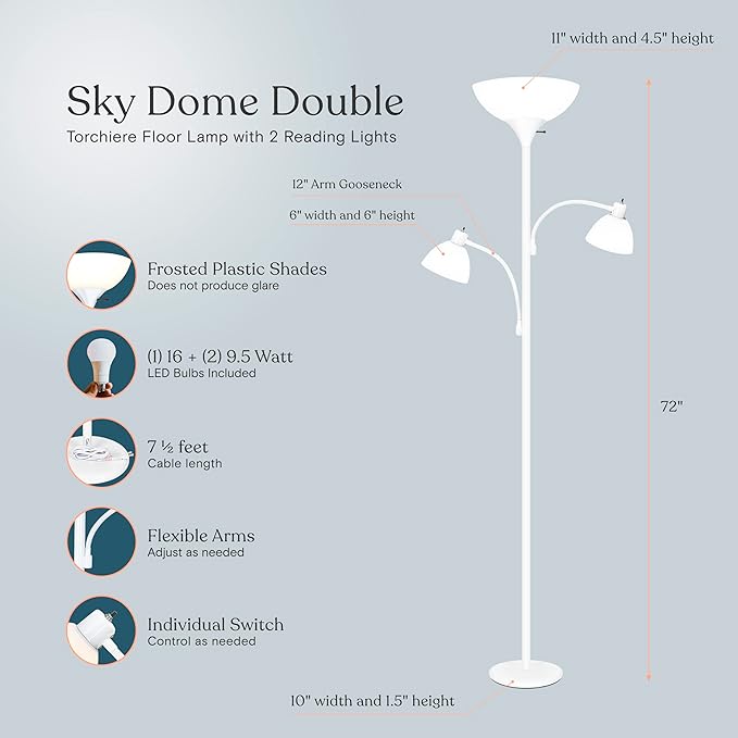 Brightech Sky Dome Double – High Brightness Torchiere Floor Lamp with 2 Reading Lights for Living Rooms, Bedrooms – Replace Halogen Standing Lamps with Efficient LED Office Lighting - Tall White Pole - LeafyLoom