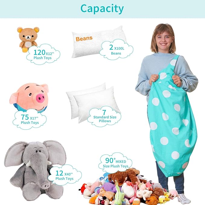 Aubliss Stuffed Animal Bean Bag Storage Chair, Beanbag Covers Only for Organizing Plush Toys, Turns into Bean Bag Seat for Kids When Filled, Large 38"-Canvas Dot Light aqua - LeafyLoom
