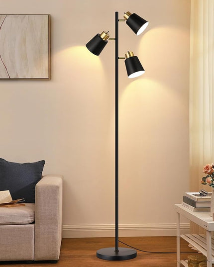 QiMH Tree Floor Lamps for Living Room, 67" Modern Standing Floor Lamp with 3 LED Bulb, Industrial Tall Lamp Reading Lighting for Bedroom Study Office Decor, 3 Rotatable Light Heads, Black Gold - LeafyLoom