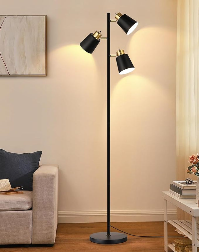 QiMH Tree Floor Lamps for Living Room, 67" Modern Standing Floor Lamp with 3 LED Bulb, Industrial Tall Lamp Reading Lighting for Bedroom Study Office Decor, 3 Rotatable Light Heads, Black Gold - LeafyLoom