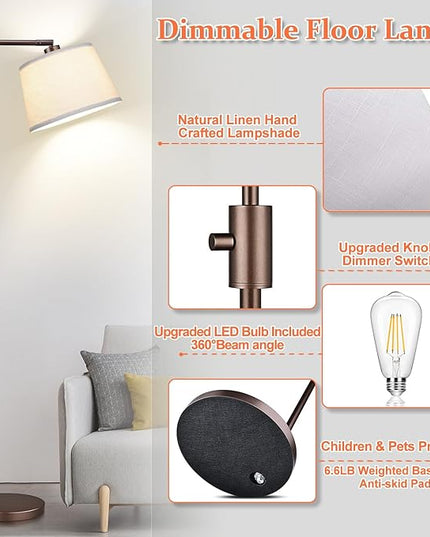 【Upgraded】 Dimmable Floor Lamp, 1000 Lumens LED Edison Bulb Included, Arc Floor Lamps for Living Room Modern Standing Lamp with Shade, Tall Lamps for Living Room Bedroom Office Dining Room - Brown - LeafyLoom