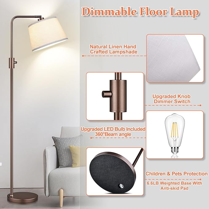 【Upgraded】 Dimmable Floor Lamp, 1000 Lumens LED Edison Bulb Included, Arc Floor Lamps for Living Room Modern Standing Lamp with Shade, Tall Lamps for Living Room Bedroom Office Dining Room - Brown - LeafyLoom