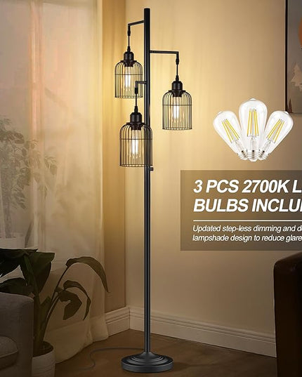QiMH Industrial Floor Lamp for Living Room,LED Farmhouse Standing Lamp with 3 Birdcage Hanging Shade, Dimmable Tall Lamp Rustic Home Decor for Bedroom Office, Black (Bulbs Included) - LeafyLoom