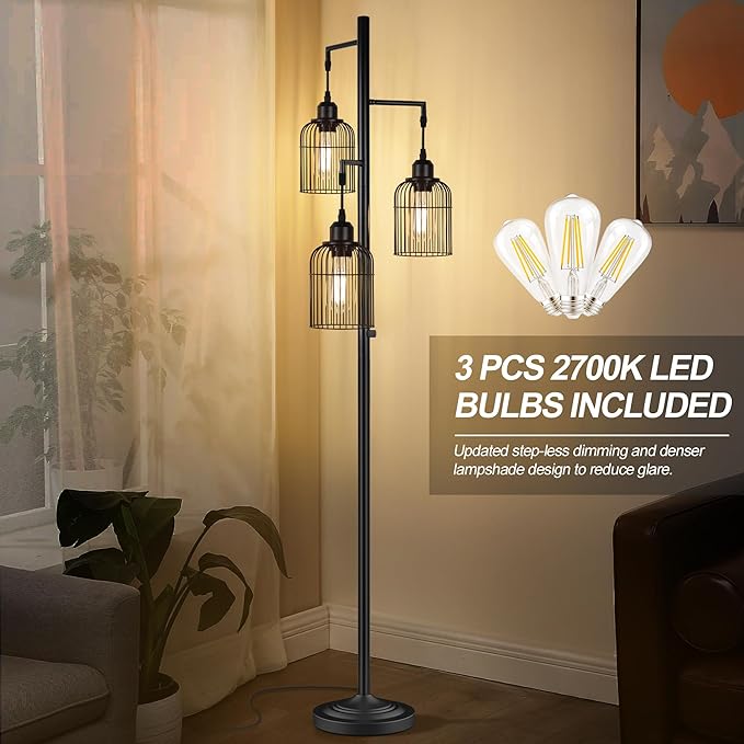 QiMH Industrial Floor Lamp for Living Room,LED Farmhouse Standing Lamp with 3 Birdcage Hanging Shade, Dimmable Tall Lamp Rustic Home Decor for Bedroom Office, Black (Bulbs Included) - LeafyLoom