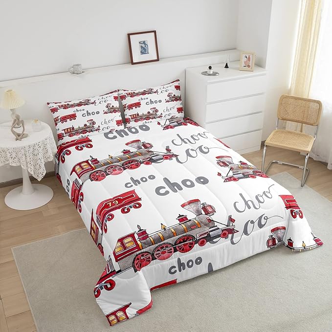 Cartoon Car Bedding Set Kids Train Comforter Set Boys Girls Choo-Choo Rail Roads Tracks Decor Comforter Microfiber Train Construction Duvet Set Bedroom Quilt Set Full Size - LeafyLoom